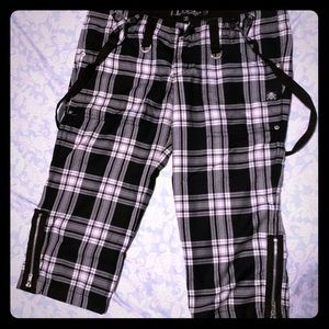 Capri plaid pants with dangling suspenders
